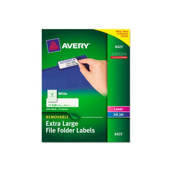 Avery Avery Removable Extra-Large 1/3-Cut File Folder Labels, 15/16 x 3-7/16, White, 450/Pk 8425 - main